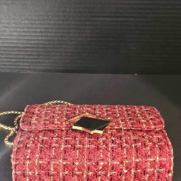 Small Red Burgundy Gold Black Square Tweed Fabric Messenger Crossbody Bag - Picture 4 of 10